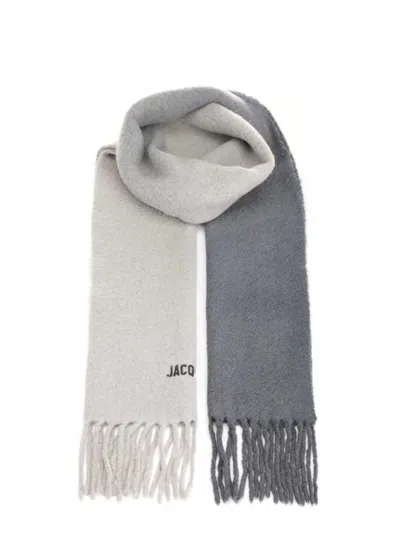 Jacquemus Two-tone Scarf With Embroidered Logo And Fringe In Grey