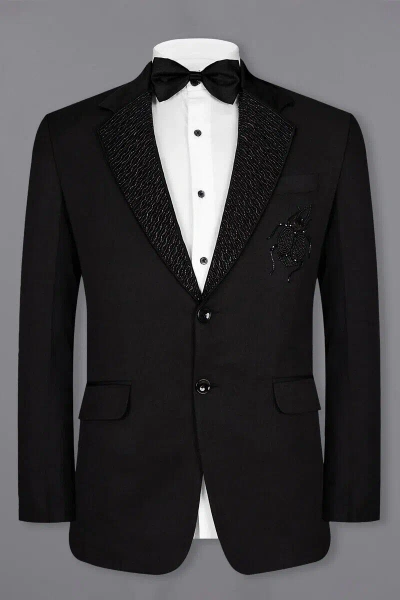 Pre-owned Jade Black Subtle Sheen Ladybird Patterned Wool Rich Tuxedo Blazer