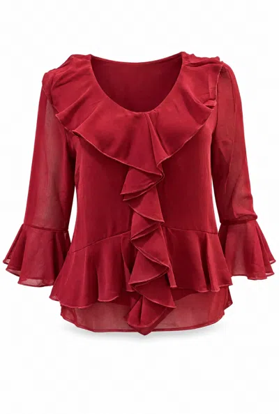 James Lakeland Women's Red Burgundy Cascade Ruffle Blouse