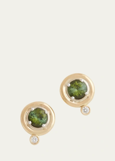 Jamie Wolf 18k Yellow And White Gold Round Stud Earrings With Green Tourmaline And Diamonds In Yg