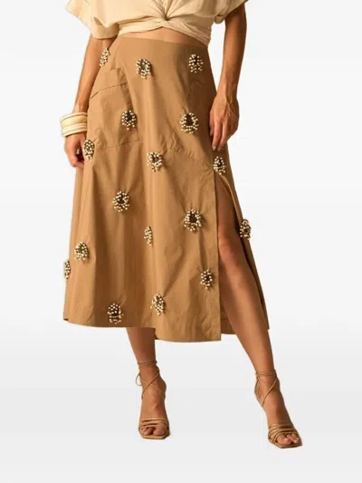 Jbq Alice Bead-embellished Slit-detail Midi Skirt In Brown