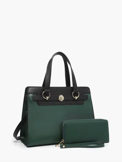 Jen & Co. Women's Two-tone Vegan Leather Satchel Bag With Wallet In Hunter Green