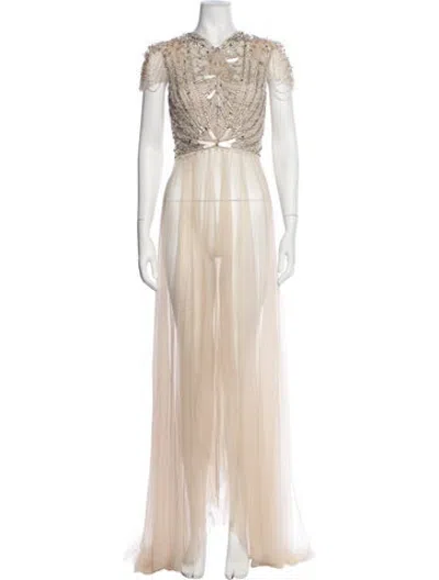 Pre-owned Jenny Packham V-neck Short Sleeve Top In Neutrals