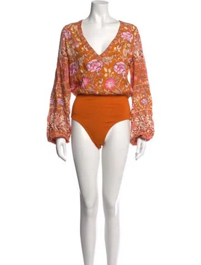 Pre-owned Jen's Pirate Booty Floral Print V-neck Bodysuit In Orange