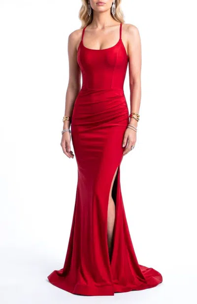 Jessica Angel Scoop-neck Lace-up Back Ruched Slit Mermaid Evening Gown In Red