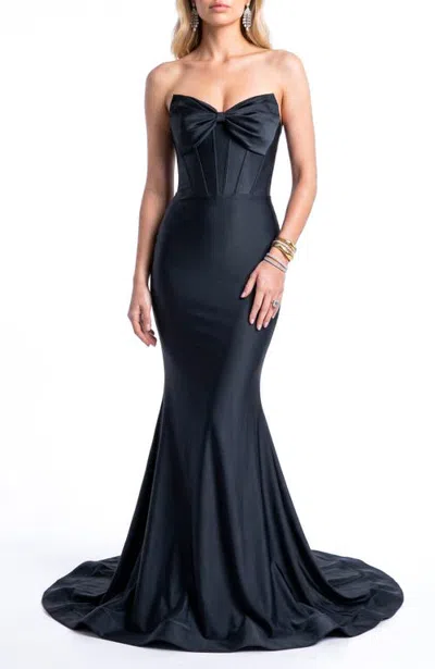 Jessica Angel Strapless Bow-front Corset Mermaid Evening Gown In Black