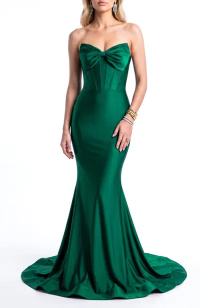 Jessica Angel Strapless Bow-front Corset Mermaid Evening Gown In Forest Green