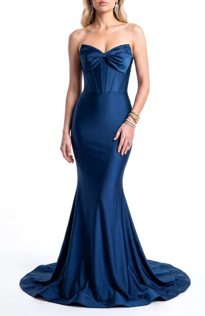 Jessica Angel Strapless Bow-front Corset Mermaid Evening Gown In Navy
