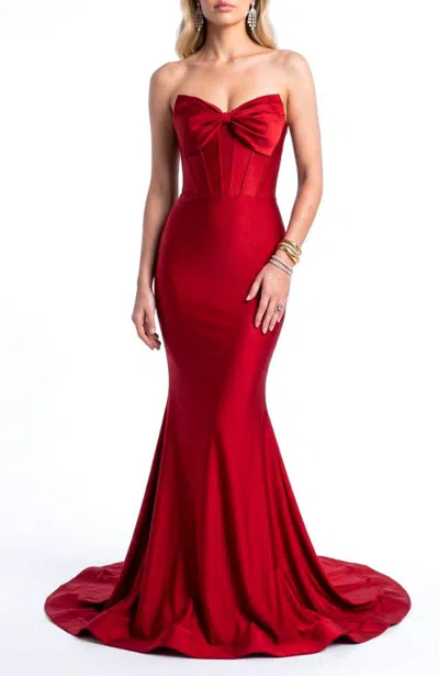 Jessica Angel Strapless Bow-front Corset Mermaid Evening Gown In Red