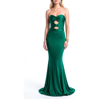 Jessica Angel Strapless Keyhole Cutout Corset-back Mermaid Evening Gown In Forest Green