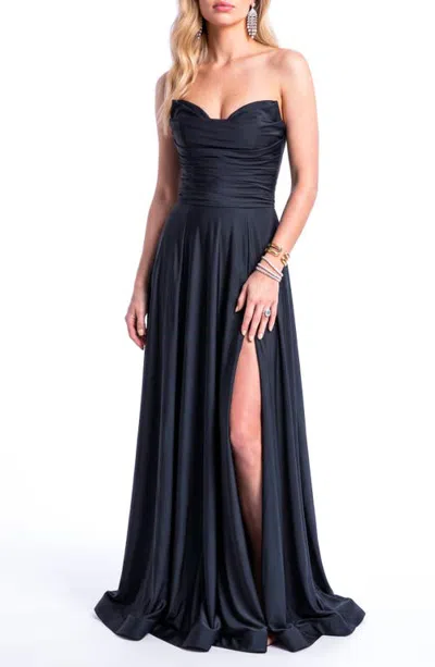 Jessica Angel Strapless Ruched Sweetheart Side-slit A-line Evening Gown In Black
