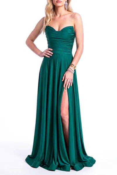 Jessica Angel Strapless Ruched Sweetheart Side-slit A-line Evening Gown In Forest Green