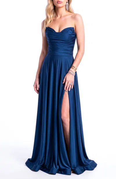 Jessica Angel Strapless Ruched Sweetheart Side-slit A-line Evening Gown In Navy