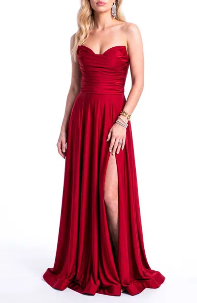Jessica Angel Strapless Ruched Sweetheart Side-slit A-line Evening Gown In Red