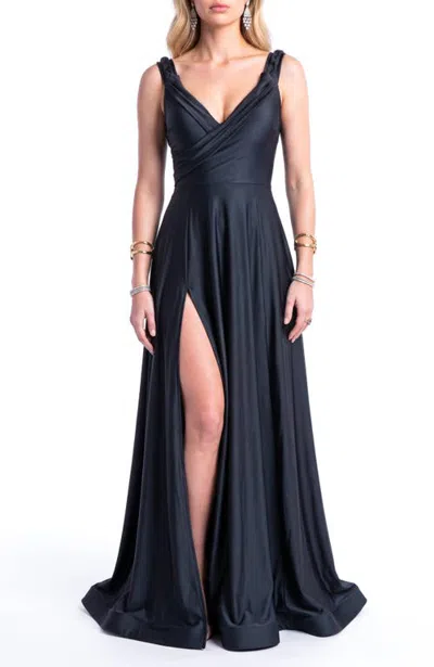 Jessica Angel Surplice V-neck Braided Strap Side-slit A-line Evening Gown In Black
