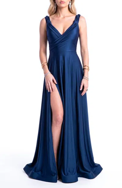 Jessica Angel Surplice V-neck Braided Strap Side-slit A-line Evening Gown In Navy