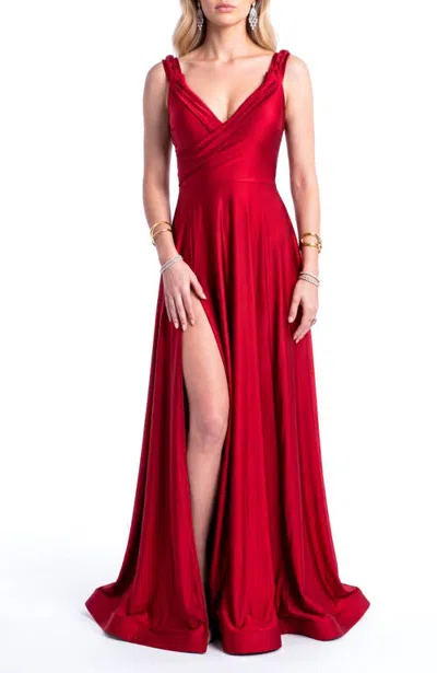 Jessica Angel Surplice V-neck Braided Strap Side-slit A-line Evening Gown In Red
