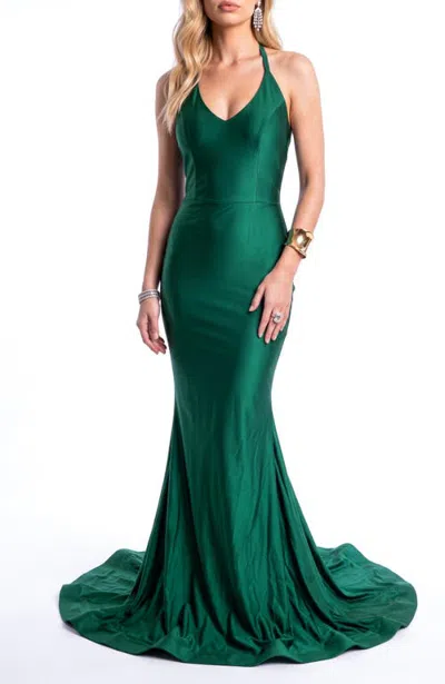 Jessica Angel V-neck Crisscross Open-back Mermaid Evening Gown In Forest Green