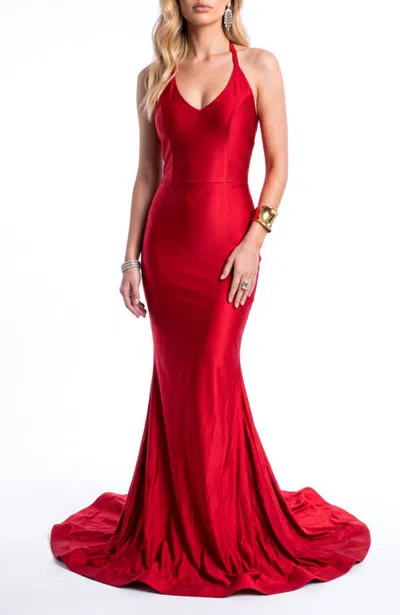 Jessica Angel V-neck Crisscross Open-back Mermaid Evening Gown In Red