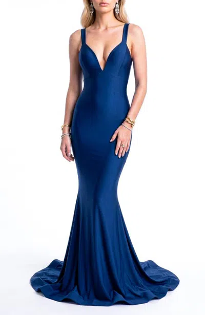 Jessica Angel Wide-strap Plunge Crisscross Back Drape Mermaid Evening Gown In Navy