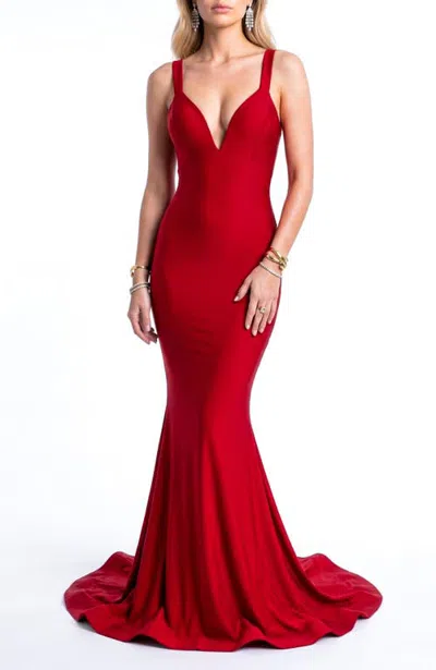 Jessica Angel Wide-strap Plunge Crisscross Back Drape Mermaid Evening Gown In Red