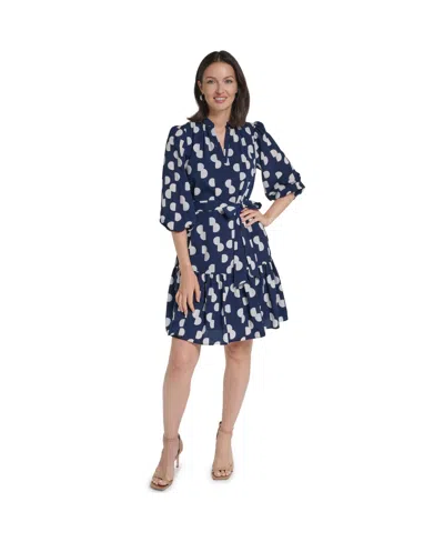Jessica Howard Petite 3/4-balloon Sleeve A-line Dress In Navy Ivory