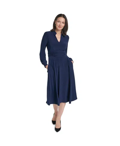 Jessica Howard Petite Ruched Shirt Collar Long-sleeve A-line Midi Dress In Navy