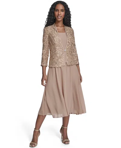 Jessica Howard Petite Soutache Jacket And Fit & Flare Dress, 2-piece Set In Brown