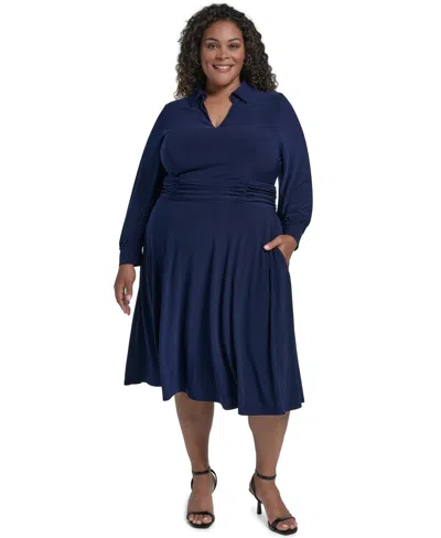 Jessica Howard Plus Size Ruched Long-sleeve A-line Midi Dress In Navy