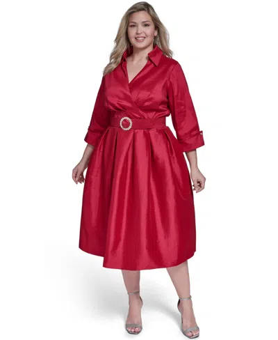 Jessica Howard Plus Size V-neck Fit & Flare Midi Dress In Red