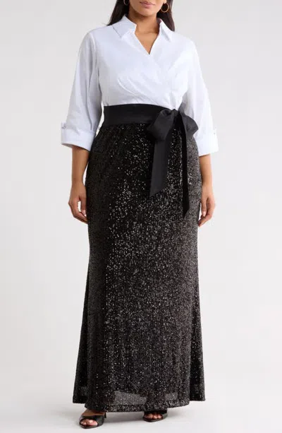 Jessica Howard Shirt Collar Cuffed Sleeve Evening Gown In Black