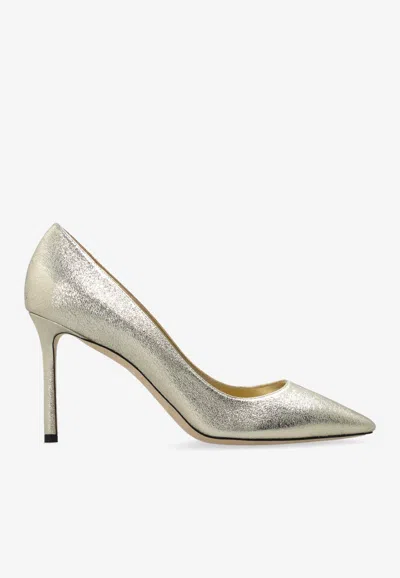 Jimmy Choo Romy 85 Metallic Leather Pumps In Silver