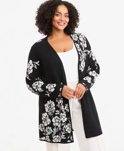 Jm Collection Plus Size Floral-jacquard Cardigan, Macy's Exclusive In Black