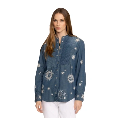Pre-owned Johnny Was Andromeda Tuxedo Shirt Denim Blue Jean Long Sleeve Top Embroidery