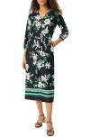 Jones New York Floral Belted Three-quarter Sleeves Midi Dress In Blue