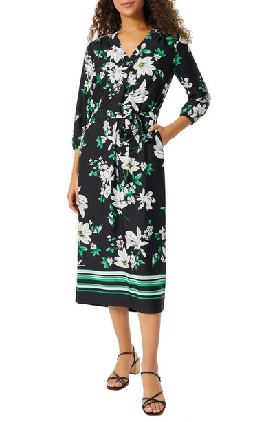 Jones New York Floral Belted Three-quarter Sleeves Midi Dress In Jones Blk/kelly Mlt