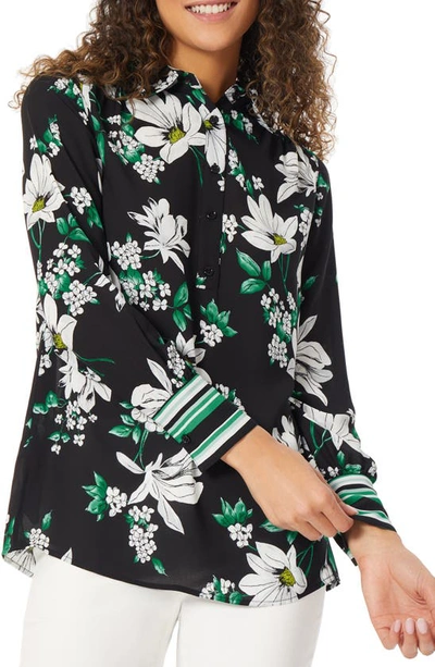 Jones New York Floral Long Sleeve Tunic Shirt In Jones Black,kelly Green