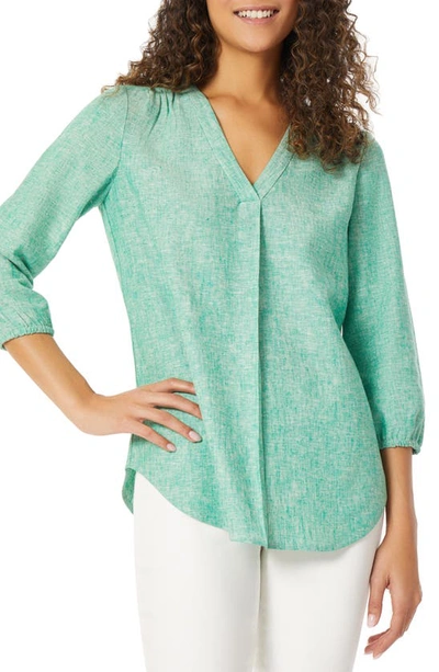 Jones New York Pleated V-neck Linen Blend Top In Kelly Green,nyc White