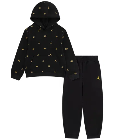 Jordan Kids' Boys' 4-20 Royal Court Printed Long-sleeve Kangaroo Pocket Hoodie And Joggers, 2-piece Set In Black