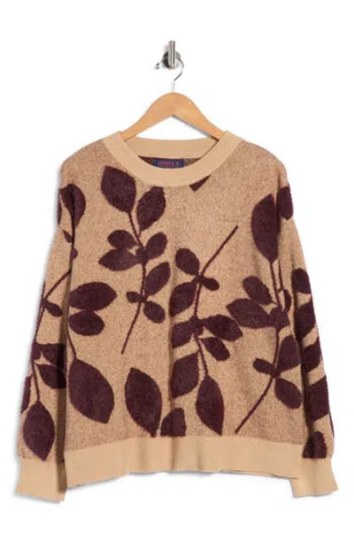 Joseph A Leaves Pattern Crewneck Sweater In Camel Htr/ Fig