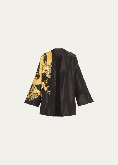 Josie Natori Dragon-embroidered Silk Kimono Jacket In Black