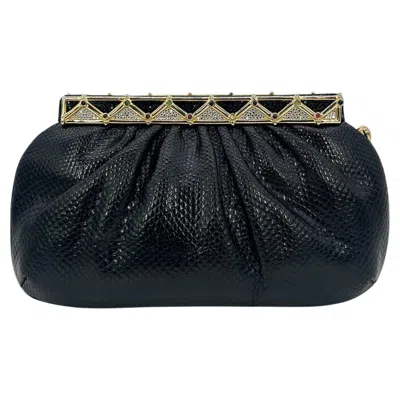 Pre-owned Judith Leiber Vintage 1980s Black Lizard Gold Hardware Crystal Gemstone Clutch