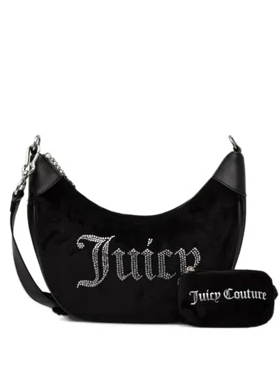 Juicy Couture Kimberly Rhinestone-logo Crescent Shoulder Bag In Black