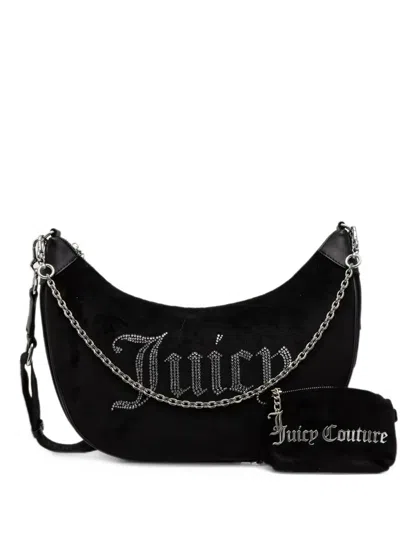 Juicy Couture Kimberly Rhinestone-logo Velvet Shoulder Bag In Black