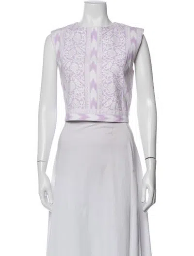 Pre-owned Julia Amory Printed Crew Neck Crop Top In White