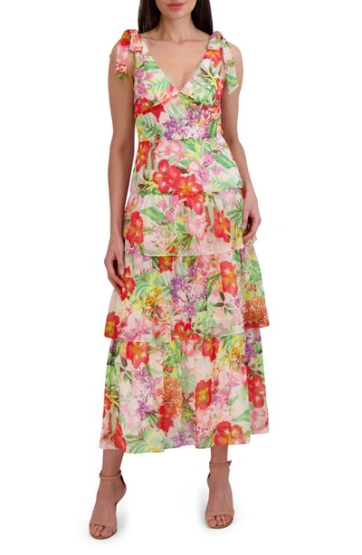 Julia Jordan Floral Tie Strap Tiered Maxi Dress In Ivory Multi