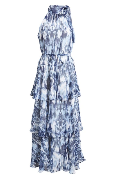 Julia Jordan Tiered Tie Neck Maxi Dress In Blue Multi