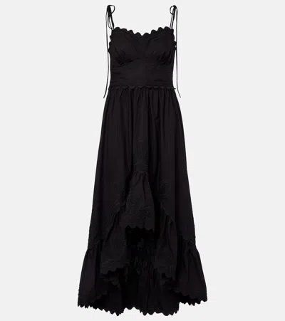 Juliet Dunn Asymmetric Embroidered Cotton Midi Dress In Black