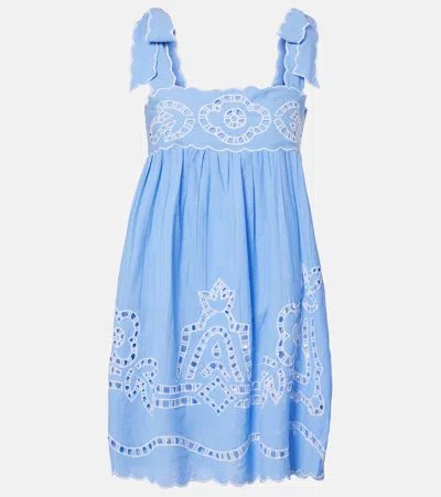 Juliet Dunn Broderie Anglaise Scalloped Cotton Minidress In Blue