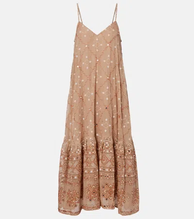 Juliet Dunn Embellished Cotton Midi Dress In Brown